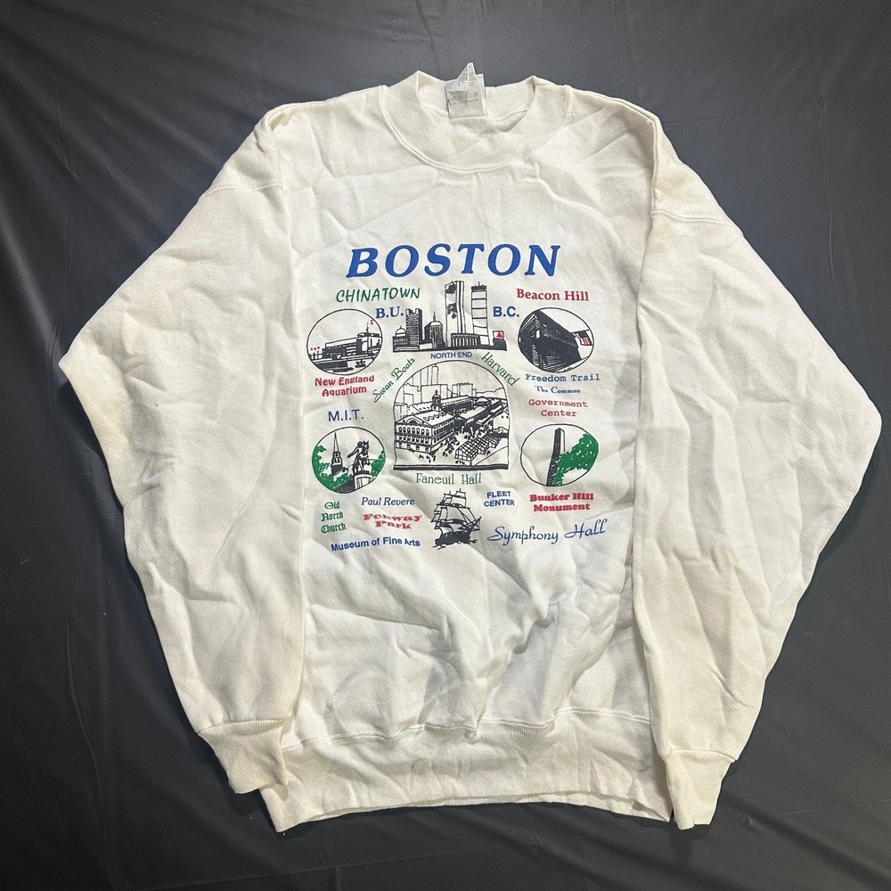 Vintage Boston Massachusetts Souvenir Graphic Sweatshirt White Large USA